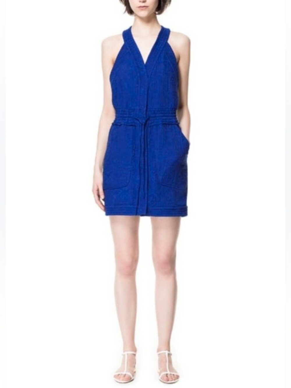 ZARA Blue Textured Halter Mini Dress Tunic Vest Pockets Size Large Sleeveless